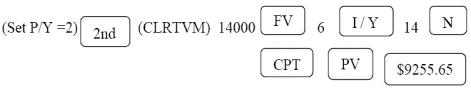 Alterative A: PV of 14 000: n = 7(2)= 14; i = = 0.03; FV = 14 000; I/Y = 6; P/Y = C/Y = 2 PV = 14000 = $9255.65 Programmed solution: NPV<sub>A</sub> = 9255.65 - 4000.00 = $5255.65 = $5256 Alternative B: PMT = 500; n = 7(2)= 14; i = 0.03; I/Y = 6; P/Y = C/Y = 2 PV = 500 = $5648.04 Programmed solution: NPV<sub>b =</sub> 5648.04 - 3600.00 = $2048.04 = $2048 Since NPV<sub>A </sub>> NPV<sub>B</sub>,alternative A is preferred.