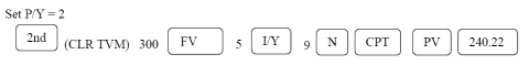 Let the focal date be now; i = 0.05 ÷ 2 = 0.025; m = 2 For the obligation: For the payment: 800 n = = = Programmed solution: