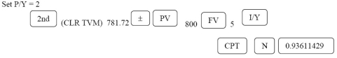 Let the focal date be now; i = 0.05 ÷ 2 = 0.025; m = 2 For the obligation: For the payment: 800 n = = = Programmed solution: