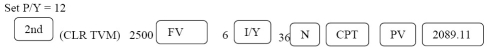 Let the focal date be now; i = = 0.005; m = 12 For the obligation: For the payment: (2000 + 2500 + 3000)= 7500 FV = 7500,PV = 6313.23 N = = = 34.53717401 months ÷ 12 = 2.878 years = 2 years 320 days The obligation can be discharged 2 years 320 days from now. Programmed solution: