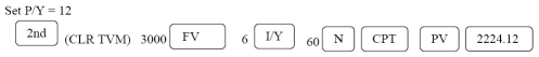 Let the focal date be now; i = = 0.005; m = 12 For the obligation: For the payment: (2000 + 2500 + 3000)= 7500 FV = 7500,PV = 6313.23 N = = = 34.53717401 months ÷ 12 = 2.878 years = 2 years 320 days The obligation can be discharged 2 years 320 days from now. Programmed solution: