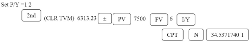 Let the focal date be now; i = = 0.005; m = 12 For the obligation: For the payment: (2000 + 2500 + 3000)= 7500 FV = 7500,PV = 6313.23 N = = = 34.53717401 months ÷ 12 = 2.878 years = 2 years 320 days The obligation can be discharged 2 years 320 days from now. Programmed solution: