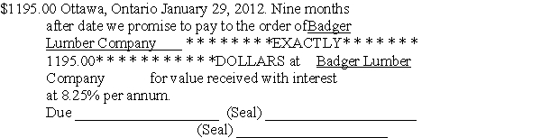 For the following promissory note, determine the amount of interest due at maturity.