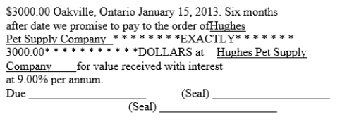 For the following promissory note, determine the amount of interest due at maturity.