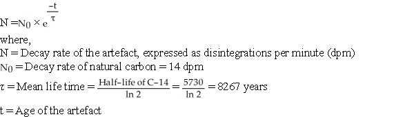 Following equation is used in carbon dating of the artefacts: What is the expected decay rate of the artefact, if it is known to be from Canadian New France era, 350 years ago.