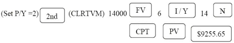 Alterative A: PV of 14 000: n = 7(2)= 14; i = = 0.03; FV = 14 000; I/Y = 6; P/Y = C/Y = 2 PV = 14000 = $9255.65 Programmed solution: NPVA = 9255.65 - 4000.00 = $5255.65 = $5256 Alternative B: PMT = 500; n = 7(2)= 14; i = 0.03; I/Y = 6; P/Y = C/Y = 2 PV = 500 = $5648.04 Programmed solution: NPVb = 5648.04 - 3600.00 = $2048.04 = $2048 Since NPVA > NPVB, alternative A is preferred.