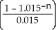 PMT = 3000.00; PV = 60 000; i = = 0.015; I/Y = 6; P/Y = C/Y = 4 60000 = 3000(1.015) 0.295566502 = 1 - -n ln 1.015 = ln 0.704433498 -n(0.014888612)= -0.350361349 n = 23.53216923 quarters ÷ 4 = 5.88 ≈6 years Programmed solution: