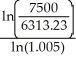Let the focal date be now; i = = 0.005; m = 12 For the obligation: 2000.00 + 2500.00(1.005)-36 + 3000.00(1.005)-60 2000.00 + 2500.00(.835644919)+ 3000.00(.741372196) 2000.00 + 2089.11 + 2224.12 = 6313.23 For the payment: (2000 + 2500 + 3000)= 7500 FV = 7500, PV = 6313.23 N = = = 34.53717401 months ÷ 12 = 2.878 years = 2 years 320 days The obligation can be discharged 2 years 320 days from now. Programmed solution: