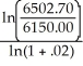 PV = 4500, i = 0.075 ÷ 2 = 0.0375 , n = 5 × 2 = 10 Maturity Value = 4500.00(1.0375)10 = 4500.00(1.4450439)= 6502.70 PV = 6150 n = = = = 2.81606 It is due in 2.81606 × 3 = 8.448 = 8.448 months