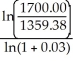 Let the focal date be now; i = 0.12÷4 = 0.03; m = 4 Debts = 1000.00(1.03)-3 +500.00(1.03)-4 = 1359.38 FV = 1700, PV = 1359.38 n = = = = 7.56456693 quarters = 1.891141733 years The discharge date is 1 year 325 days from now.