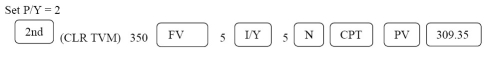 Let the focal date be now; i = 0.05÷2 = 0.025; m = 2 For the obligation: 250.00(1.025)-3 + 350.00(1.025)-5 + 300.00(1.025)-9 250.00(.928599411) + 350.00(.883854288) + 300.00(.800728362) 232.15 + 309.35 + 240.22 = 781.72 For the payment: 800(1.025)-n n = = = = 0.93611429 (semi-annual) ÷ 2×12 = 5.62 months Programmed solution: