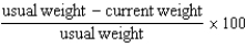 A patient has been unable to eat solid food for 2 weeks,and is in the clinic today complaining of weakness,tiredness,and hair loss.The patient states that her usual weight is 175 pounds,but today she weighs 161 pounds.What is her recent weight change percentage? To calculate recent weight change percentage,use this formula: