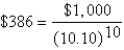 <strong>The equation means you: </strong> A)would prefer to receive $386 today than $1,000 in 10 years. B)are indifferent between receiving $386 today and $1,000 in 10 years. C)would prefer to receive $1,000 in 10 years than $386 today. D)are indifferent between receiving $386 today and $1,000 in 100 years. E)do not have enough information.