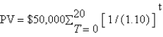 <strong>You win the lottery,which pays $1 million in 20 annual $50,000 payments.Your friends ask how much that would be if you received a single lump sum payment today.You do not have your calculator,but you show them the following equation to help them solve it themselves,assuming the interest rate is 10 percent:</strong> A) B) C) D) E)Either a or b is correct.