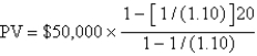 <strong>You win the lottery,which pays $1 million in 20 annual $50,000 payments.Your friends ask how much that would be if you received a single lump sum payment today.You do not have your calculator,but you show them the following equation to help them solve it themselves,assuming the interest rate is 10 percent:</strong> A) B) C) D) E)Either a or b is correct.