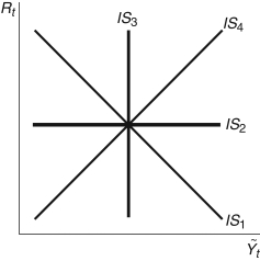 <strong>Refer to the following figure when answering Figure 11.3: IS Curve -Consider Figure 11.3. If investment is interest rate sensitive, but not infinitely interest rate sensitive, the economy would be best characterized by:</strong> A) IS<sub>4</sub> B) IS<sub>2</sub> C) IS<sub>3</sub> D) IS<sub>1</sub> E) Not enough information is given.