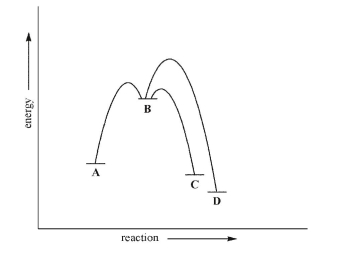 <strong>Consider the energy diagram for the multistep reaction shown here.Which statement about this diagram is not true? </strong> A)C is the kinetic product. B)D is the thermodynamic product. C)Given sufficient energy, C and D can equilibrate. D)Formation of D is under thermodynamic control. E)Formation of C is under thermodynamic control.