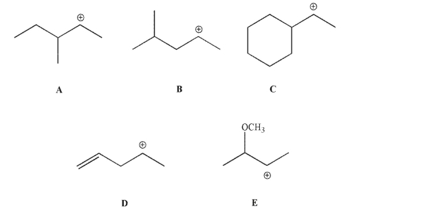 Which of the following carbocations is least likely to rearrange?