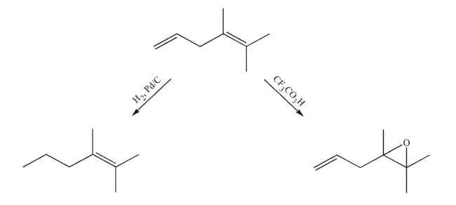 When the diene shown here is treated with hydrogen and palladium on charcoal for a short reaction time, the alkene on the left is produced. When the same diene is treated with CF<sub>3</sub>CO<sub>3</sub>H for a short reaction time, the epoxide on the right is produced. Explain the difference in reactivity between the two alkenes.