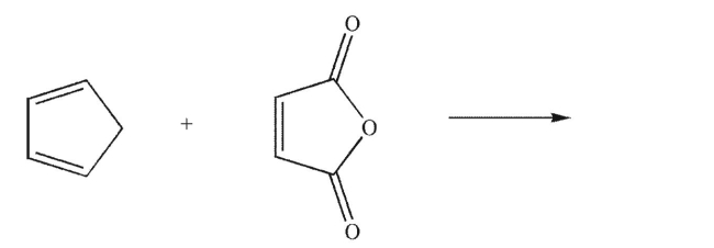 Draw the exo product of the Diels-Alder reaction shown here.