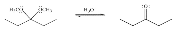 Draw a mechanism to illustrate the removal of the acetal under the conditions shown.Include all necessary lone pairs, curved arrows, and nonzero formal charges.