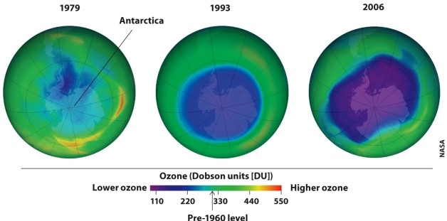 Infographic 2.7. -Refer to the right-hand panel of Infographic 2.7. The Montréal Protocol and its amendments have phased out the use of CFCs worldwide. Still, the protective ozone layer over Antarctica continues to shrink. Please give several reasons why this occurs and why it will continue to occur for some time.