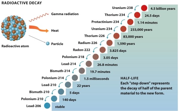 <strong>Infographic 22.2. Refer to Infographic 22.2. Why is the progression of uranium-238 to the stable lead-206 such a concern?</strong> A) There is no guarantee that the uranium-238 will progress in this manner, so it might become something even more dangerous. B) The long length of time it takes for uranium-238 to become harmless means it is difficult to dispose of in a safe manner. C) Uranium-238 is the quickest of the radioactive elements to decay; the others are even more dangerous. D) Uranium-238 is the most reactive of the uranium isotopes and so is the most dangerous. E) Uranium-238 is the least common of the uranium isotopes and so is the hardest to find.