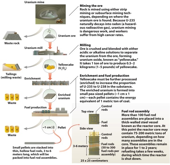 Infographic 22.3. Refer to Infographic 22.3. The process of generating nuclear energy produces hazardous waste at every step. Speculate on the hazards of milling and enriching the uranium.