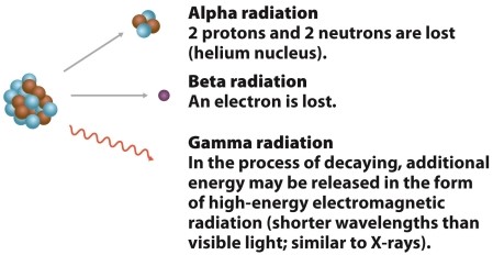 Infographic 22.6. Refer to Infographic 22.6. Three types of radiation are given off by radioactive isotopes. Name each one, describe their penetration ability, and explain if and how they are hazardous to humans.