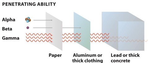 Infographic 22.6. Refer to Infographic 22.6. Three types of radiation are given off by radioactive isotopes. Name each one, describe their penetration ability, and explain if and how they are hazardous to humans.