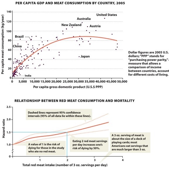 Infographic 30.2   According to Infographic 30.2, what is the relationship between income and consumption of meat for most nations? How is Japan different? Why do you think Japan is an outlier?<div style=padding-top: 35px> 