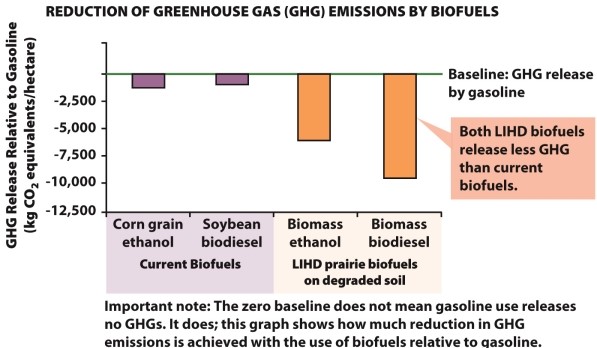 Infographic 32.3. Refer to Infographic 32.3. Use the data from the reduction of greenhouse gas emissions by biofuels graph to describe how emissions from biofuels compare with that of gasoline. Also, how do emissions compare between current biofuels and LIHD biofuels?