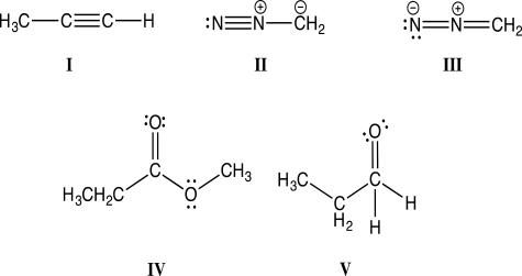 <strong>Which of the following Lewis structures violates the octet rule and is therefore incorrect? </strong> A)Structure I B)Structure II C)Structure III D)Structure IV E)Structure V
