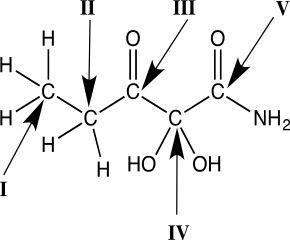 <strong>Identify which carbon atom in the molecule below is most oxidized. </strong> A)I B)II C)III D)IV E)V