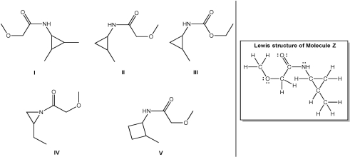 <strong>Which line structure is correct for Molecule Z? </strong> A)I B)II C)III D)IV E)V