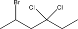 <strong>What is the IUPAC name for the following molecule? </strong> A)3,3-Dichloro-5-bromohexane B)3-Chloro-3-chloro-5-bromohexane C)2-Bromo-4,4-dichlorohexane D)3,3-Chloro-5-bromohexane E)4,4-Dichloro-2-bromohexane