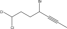 <strong>What is the IUPAC name for the following molecule? </strong> A)1,1-Dichloro-4-bromohept-5-yne B)1,1-Dichloro-4-bromohex-5-yne C)4-Bromo-1,1-dichlorohept-5-yne D)4-Bromo-6,6-dichlorohex-2-yne E)4-Bromo-7,7-dichlorohept-2-yne