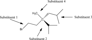 <strong>Which substituent has the highest priority? </strong> A)Substituent 1 B)Substituent 2 C)Substituent 3 D)Substituent 4 E)The molecule is not chiral.