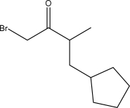 <strong>What is the IUPAC name for the following molecule? </strong> A)1-Bromo-4-cyclopentyl-3-methylbutan-2-one B)5-Bromo-1-cyclopentyl-3-methylpentan-4-one C)5-Bromo-1-cyclopentyl-3-methylpentan-4-oate D)1-Bromo-4-cyclopentyl-3-methylbutan-2-oate E)4-Bromo-1-cyclopentyl-2-methylbutan-2-one