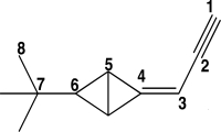 <strong>The carbon atoms in the molecule below are labeled 1-8.Which C<font face=symbol></font>C<font face=symbol></font><font face=symbol></font>C bond angle in the molecule would be approximately 120°? </strong> A)C<sub>1</sub>-C<sub>2</sub>-C<sub>3</sub> B)C<sub>2</sub>-C<sub>3</sub>-C<sub>4</sub> C)C<sub>4</sub>-C<sub>5</sub>-C<sub>6</sub> D)C<sub>5</sub>-C<sub>6</sub>-C<sub>7</sub> E)C<sub>6</sub>-C<sub>7</sub>-C<sub>8</sub>