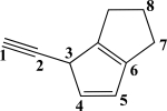 <strong>Which two carbon atoms participate in the strongest σ bond? </strong> A)C<sub>1</sub><font face=symbol></font><font face=symbol></font><font face=symbol></font>C<sub>2</sub> B)C<sub>2</sub><font face=symbol></font><font face=symbol></font><font face=symbol></font>C<sub>3</sub> C)C<sub>3</sub><font face=symbol></font><font face=symbol></font><font face=symbol></font>C<sub>4</sub> D)C<sub>4</sub><font face=symbol></font><font face=symbol></font><font face=symbol></font>C<sub>5</sub> E)C<sub>7</sub><font face=symbol></font><font face=symbol></font><font face=symbol></font>C<sub>8</sub>