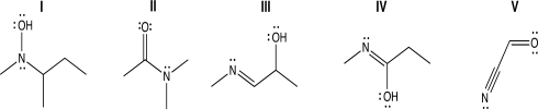 <strong>Which of the following structures contains an sp<sup>2</sup>-hybridized oxygen atom because a lone pair on oxygen is delocalized via resonance? </strong> A)Structure I B)Structure II C)Structures II and V D)Structure IV E)Structures I and IV