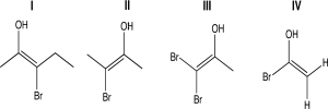 <strong>Select which of the following molecules have two distinct configurations about the double bond. </strong> A)All of these B)All of these except IV C)All of these except III D)I and II only E)II and III only