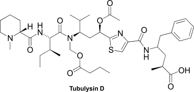 Tubulysin D is a peptide-based marine natural product with biological activity.Identify the following structural features of tubulysin D. (a) Place a box around any sp<sup>3</sup> nitrogen. (b) Star (*)any oxygen atom that has two oxygen lone pairs in sp<sup>2</sup>-hybridized orbitals. (c) Place a number symbol (#)on any oxygen atom that is sp<sup>2</sup> hybridized as a consequence of having a lone pair in a 2p orbital. (d) Use an arrow to point to any N atom that has trigonal planar geometry.
