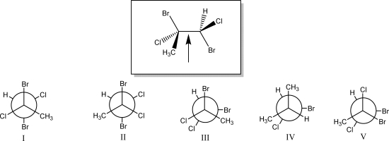 The Newman projection looking down the indicated bond in the species below is best represented by which of the following (I,II,III,IV,or V)?  