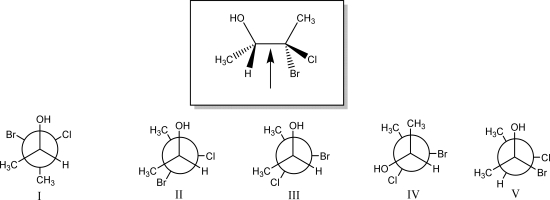 The Newman projection looking down the indicated bond in the species below is best represented by which of the following (I,II,III,IV,or V)?  