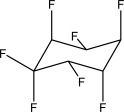 How many fluorine atoms are in equatorial positions in the following chair structure?