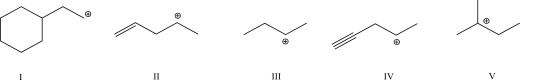 <strong>Which of the following charged compounds is most stable? </strong> A)I B)II C)III D)IV E)V