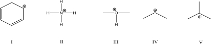 <strong>Which of the following charged compounds is most stable? </strong> A)I B)II C)III D)IV E)V