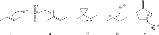 <strong>Which of the following is an example of electrophilic addition? </strong> A)I B)II C)III D)IV E)V